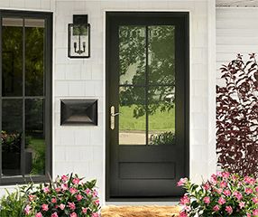 Black front door with four glass panes and brass handle on white farmhouse exterior, black mailbox and lantern, pink flowering shrubs at the entrance.