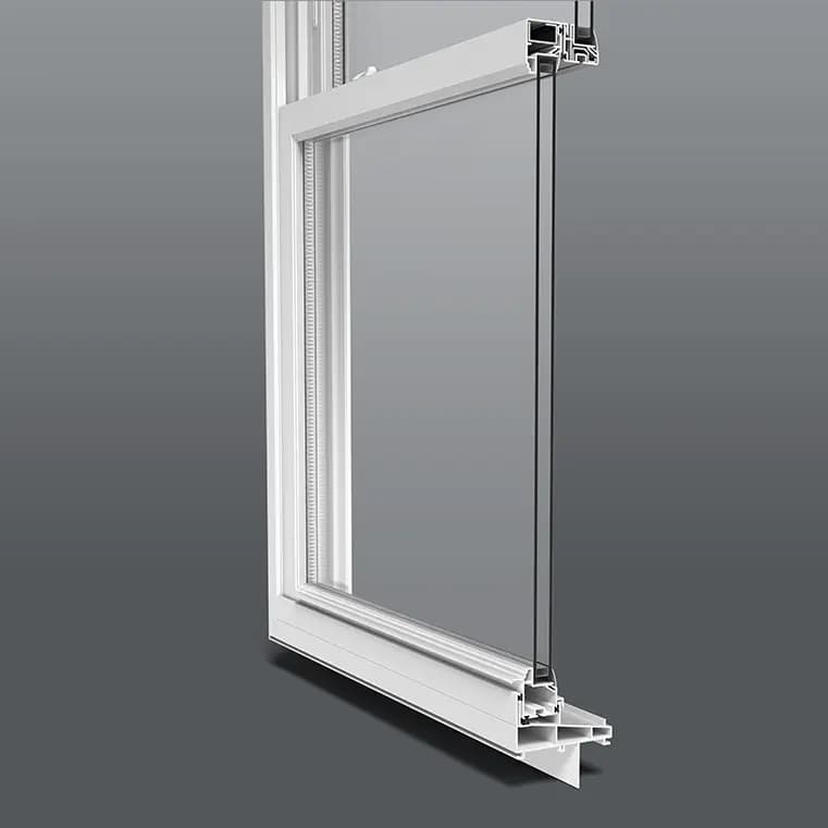 Double-glazed window frame cross-section with insulated glass, seals and sill detail, white on gray background