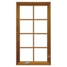 Traditional Wooden-framed six-pane window (2x3 grid) with clear glass and a small metal latch at the bottom left, wood window frame design.