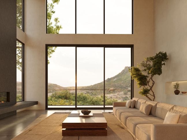Three floor-to-ceiling picture windows sit below a second set of tall picture windows, framing the living room with the outside nature.