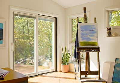 inside view of a window-lined library