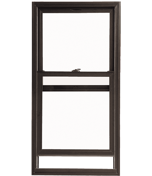 Dark bronze double-hung window frame with two sashes and central latch, isolated on white background