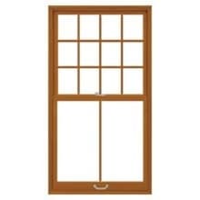 Traditional Brown double-hung wooden window with divided-light upper sash (12 panes) and plain lower sash.