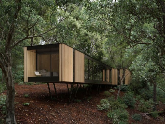 An ultra-modern home in the forest featuring floor-to-ceiling windows and a sliding patio door on the end.