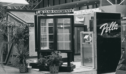 A 1970s floor display featuring the new Pella aluminum-clad products.