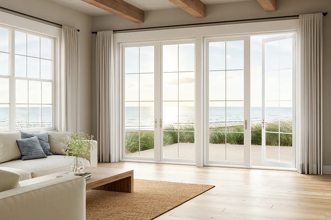 Sunlit coastal living room with white sofa, wooden coffee table, exposed beams and floor-to-ceiling French doors opening to beach dunes and ocean view
