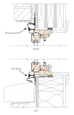 illustration of brickmould and sill nose for factory applied aluminum trim