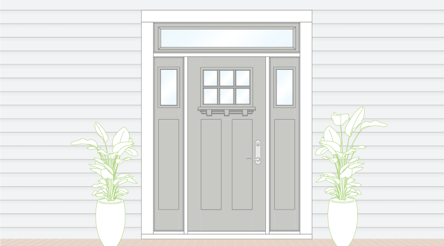 Sketch of gray entry door with transom and sidelights accented by potted plants