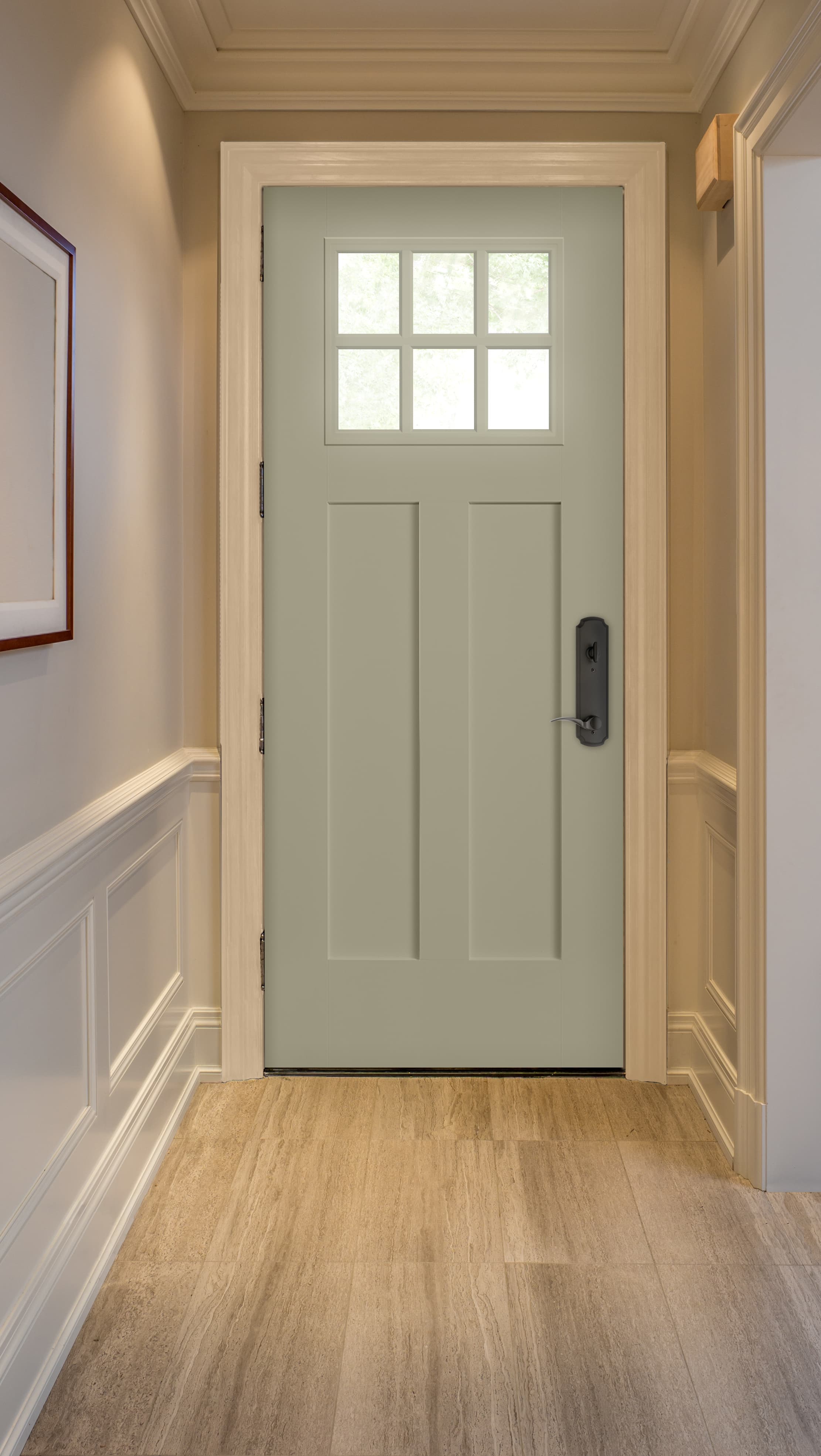 Blue Craftsman Front Door Provides Light & Privacy Blue craftsman front door lights up neutral color entryway