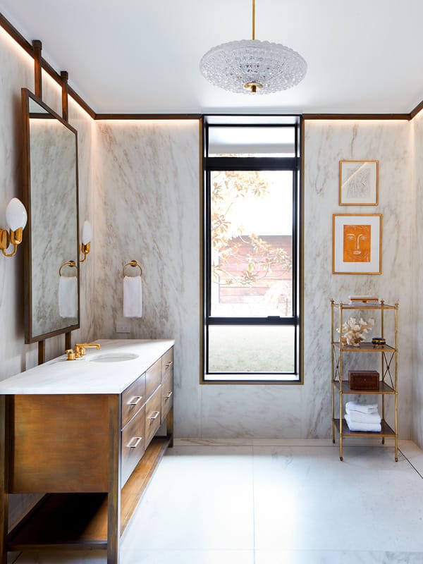unique bathroom with a black-framed window and window treatments