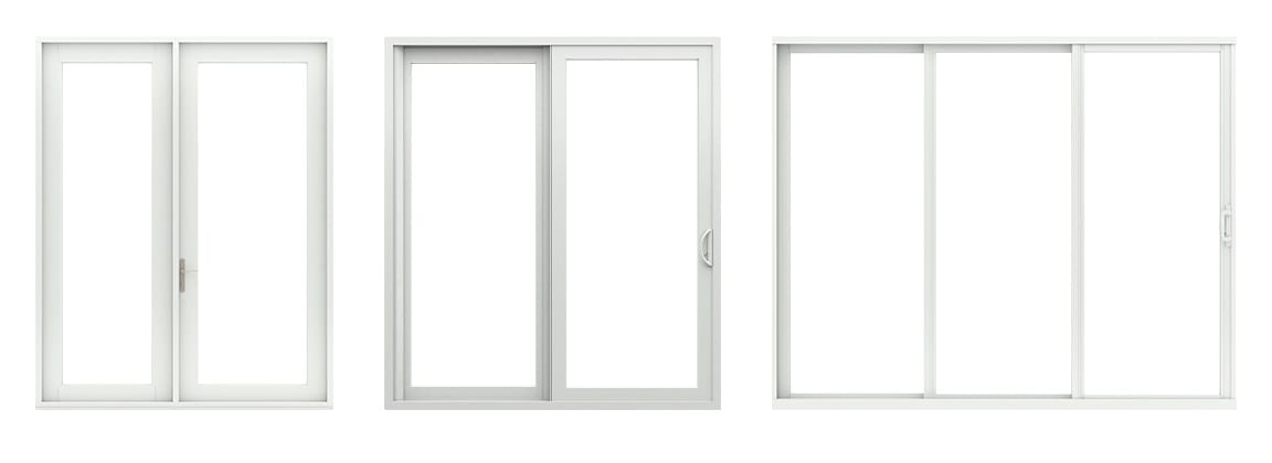 Three white sliding glass patio doors — two two-panel styles and one three-panel style on a white background.